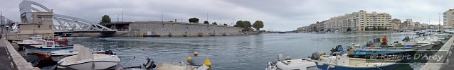 View from Quai de Bosc of the marina in Canal de Sète, with Pont Sadi Carnot on the left and Canal Latéral to the right of centre