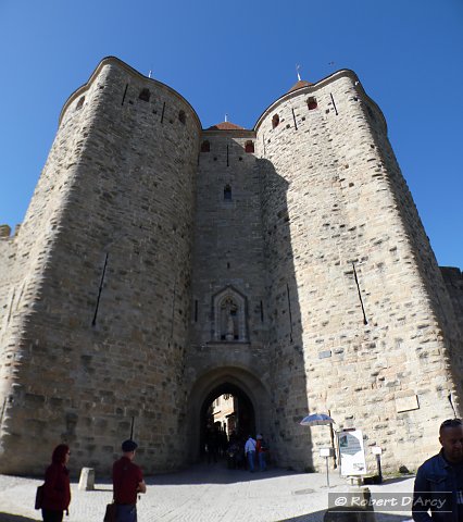View of Porte Narbonnaise, main entrance to the mediæval fortress city of Carcassonne