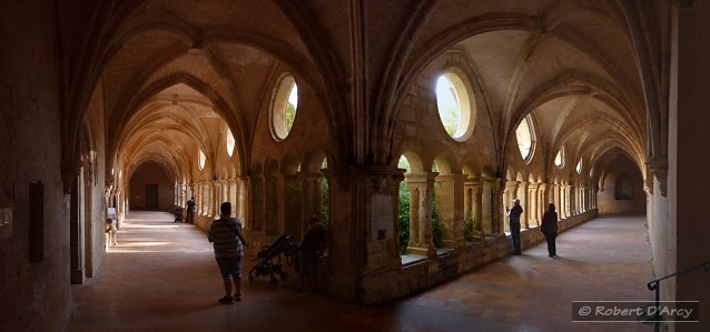 View from one corner of the cloister at Abbaye de Valmagne with the chapter house barely visible on the left