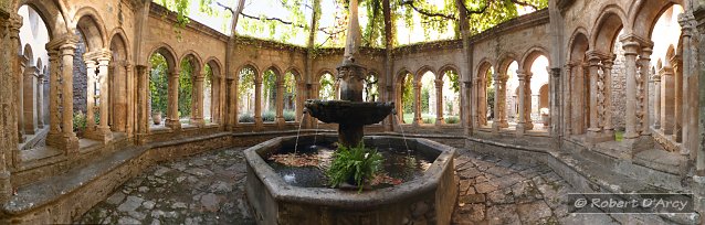 View of the lavabo and the fountain in the cloister at Abbaye de Valmagne